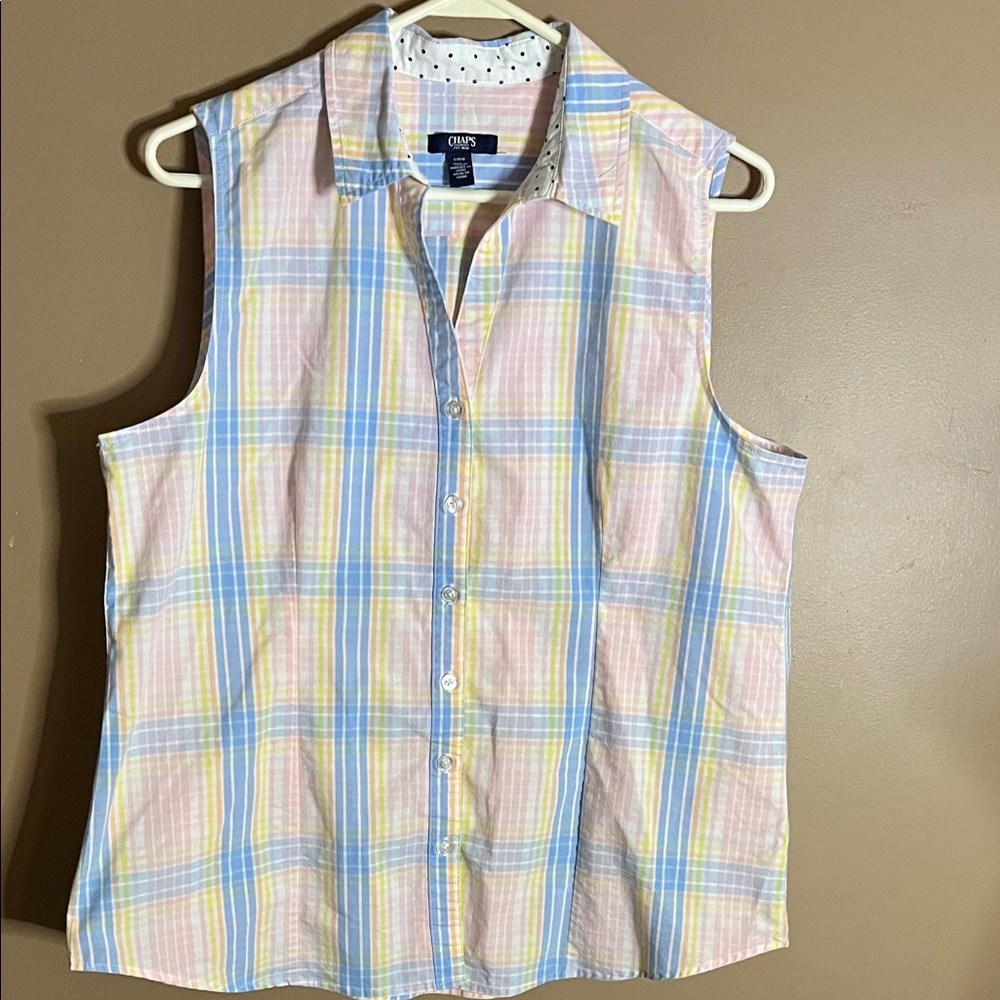 😄Vintage Chaps sleeveless blouse large plaid